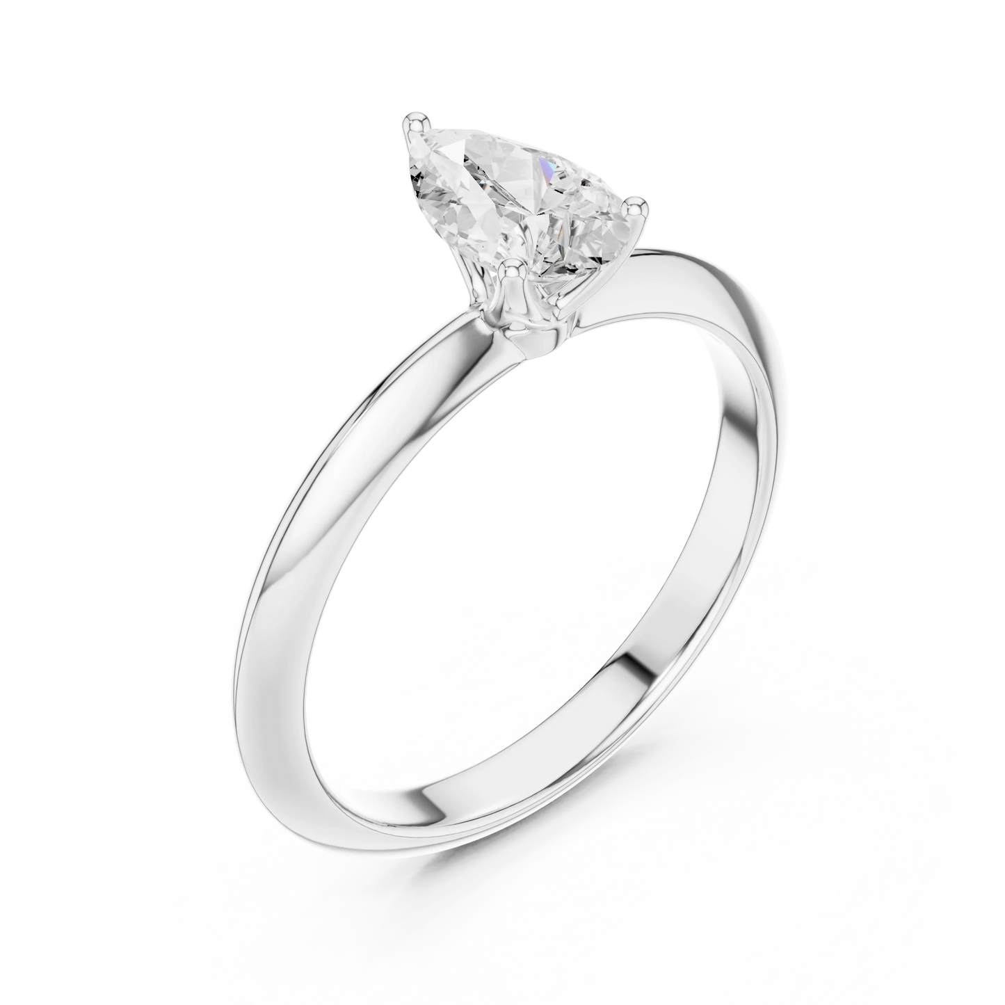 Front view of white gold pear cut diamond solitaire ring, showcasing center stone.