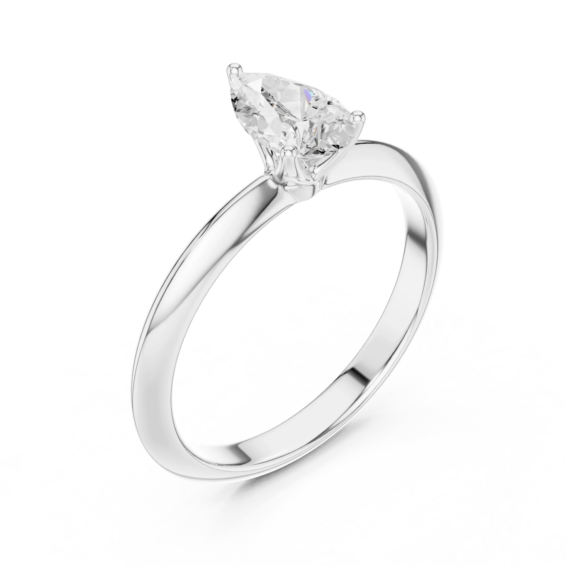 Front view of white gold pear cut diamond solitaire ring, showcasing center stone.