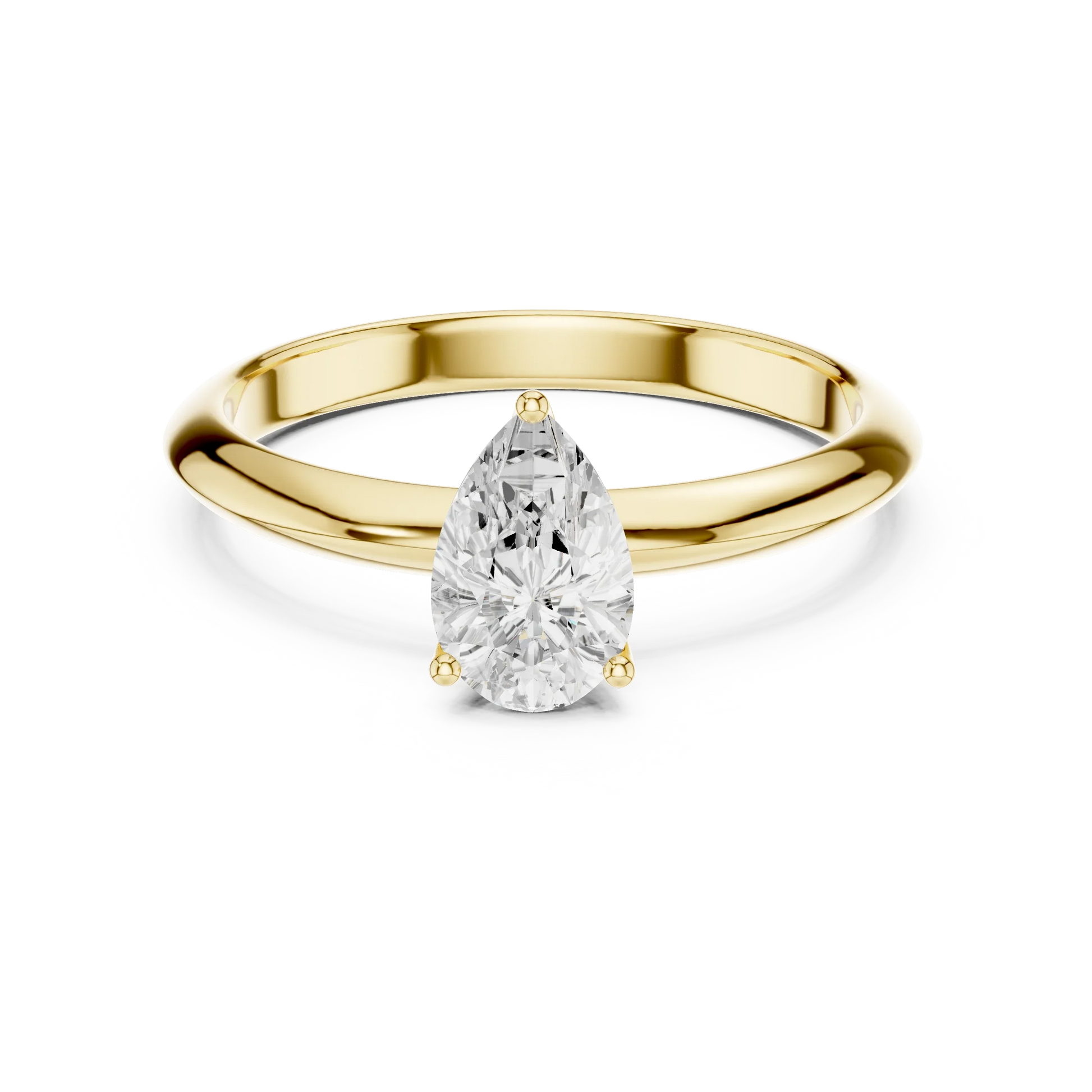 Lab-grown pear cut diamond solitaire ring in yellow gold, classic top view