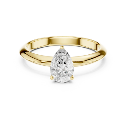 Lab-grown pear cut diamond solitaire ring in yellow gold, classic top view