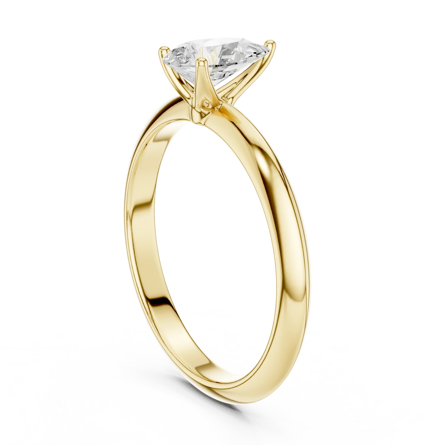 Back side view of yellow gold pear diamond solitaire ring, showing band structure