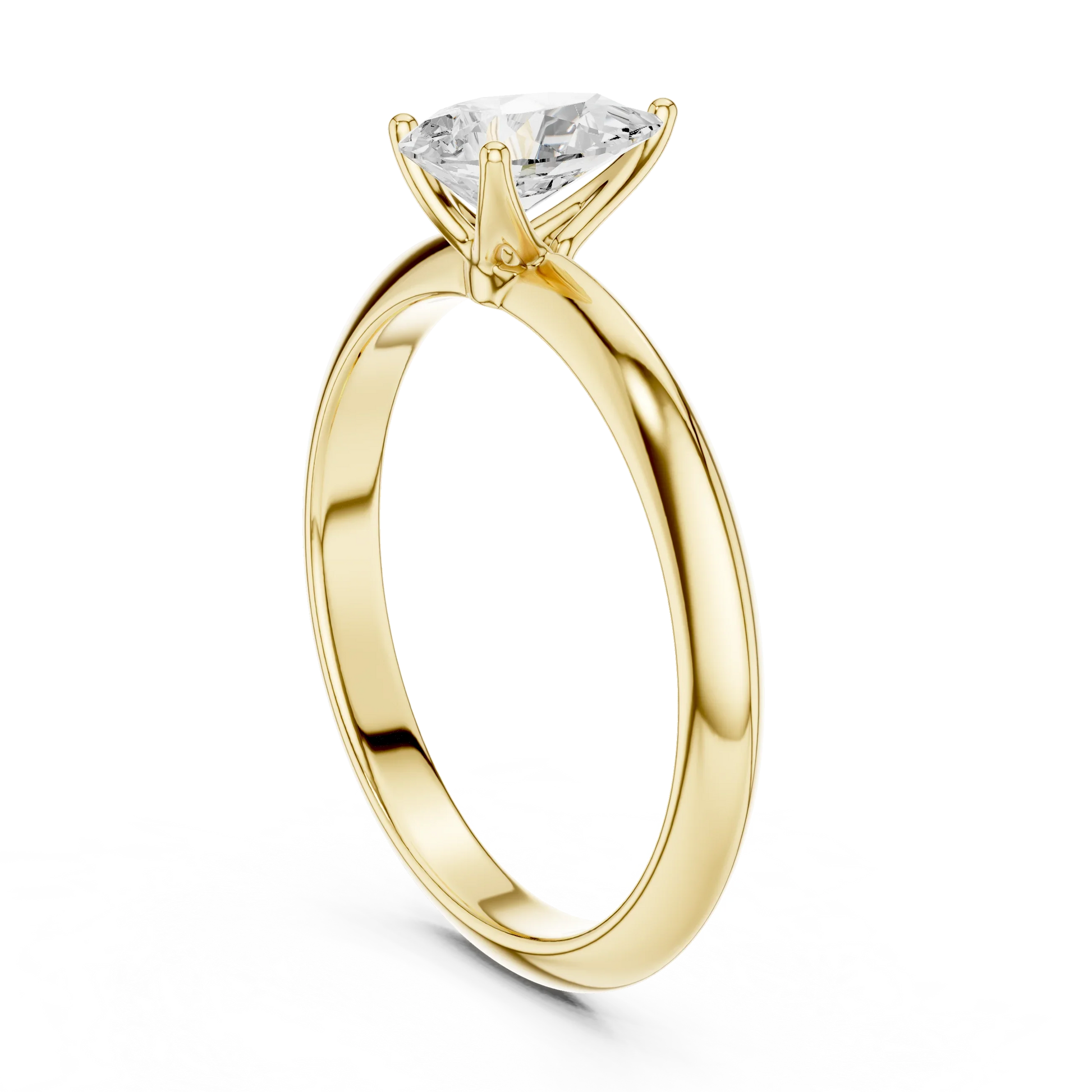 Back side view of yellow gold pear diamond solitaire ring, showing band structure