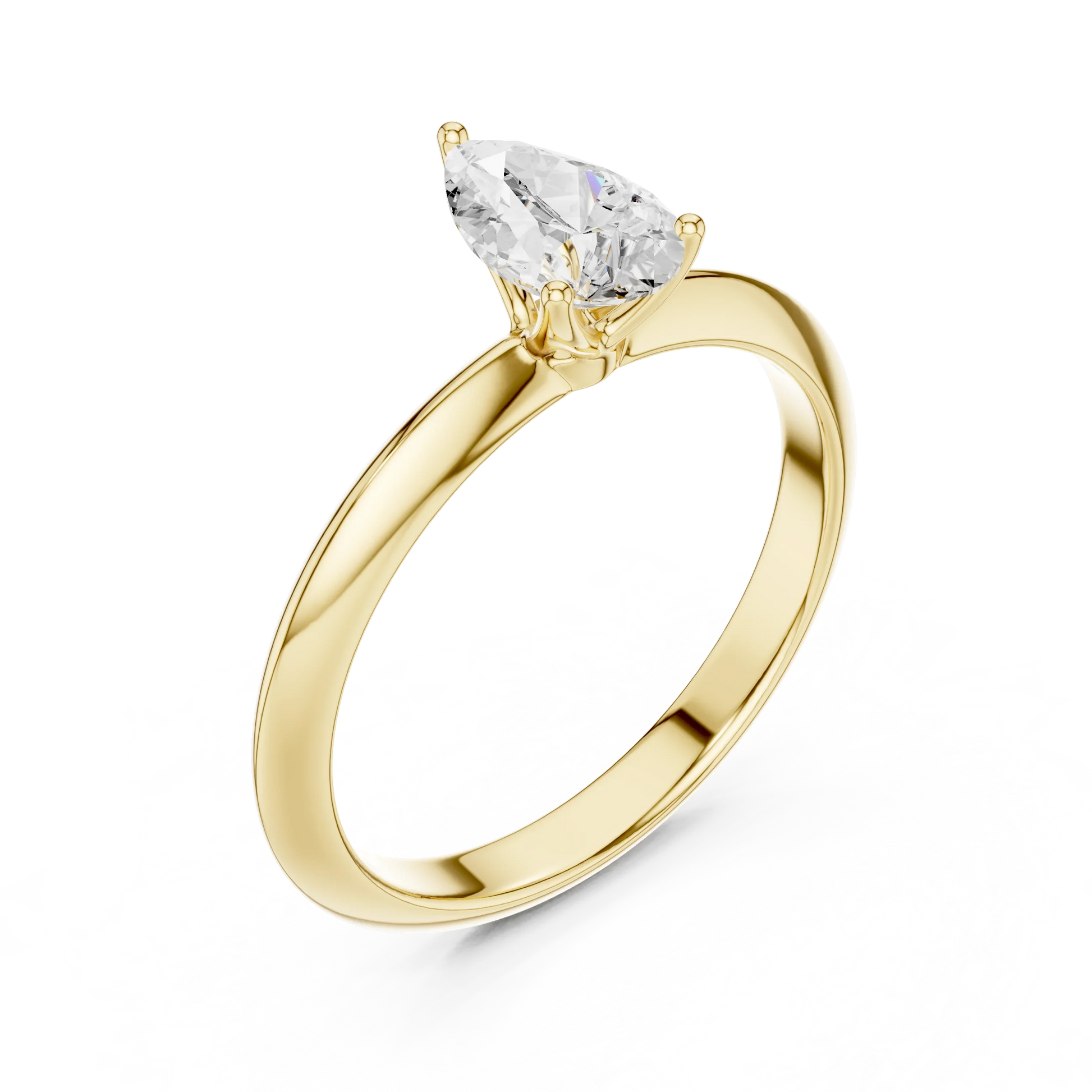 Front view of yellow gold pear diamond solitaire ring, emphasizing brilliance