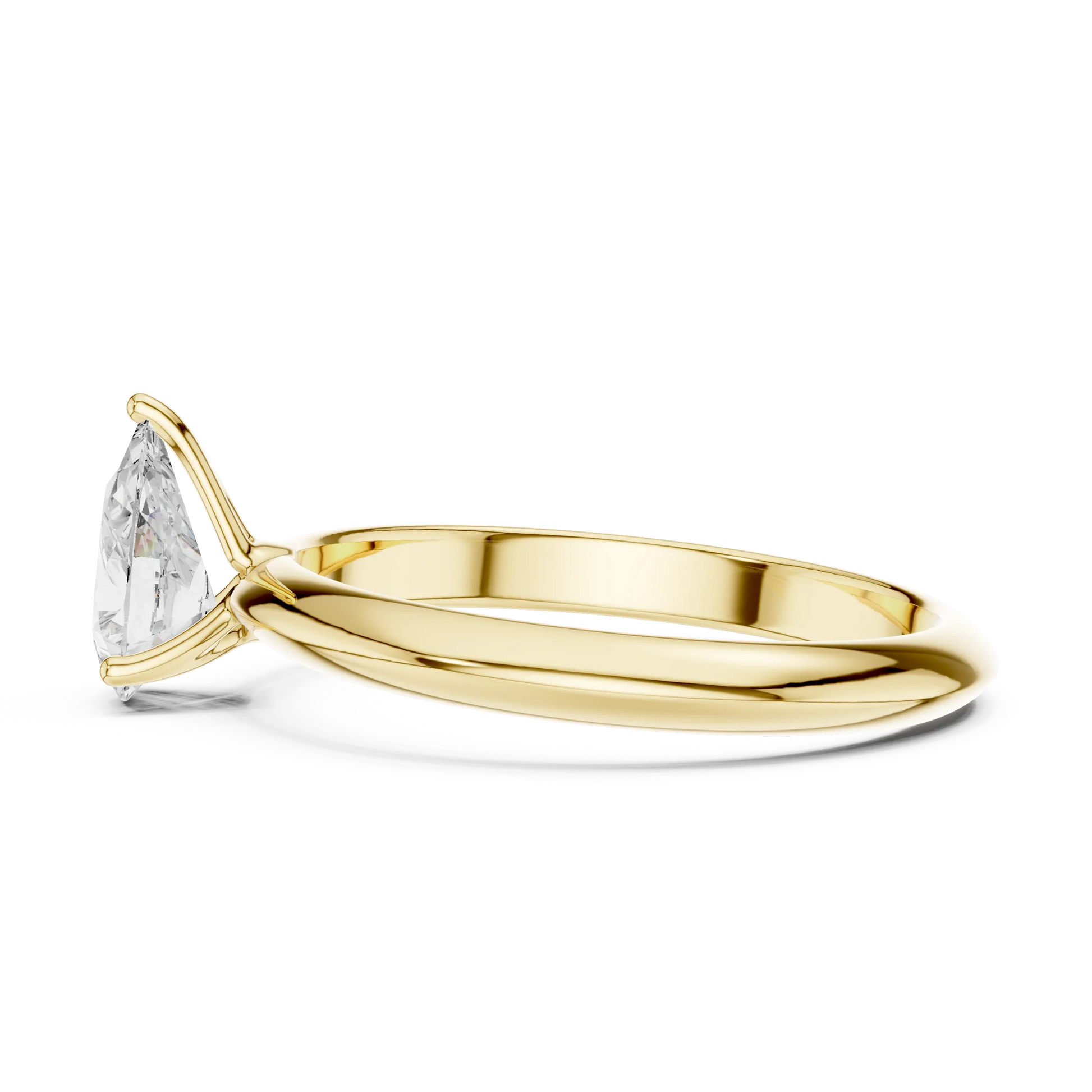 Side profile of yellow gold pear cut diamond solitaire ring, highlighting stone height