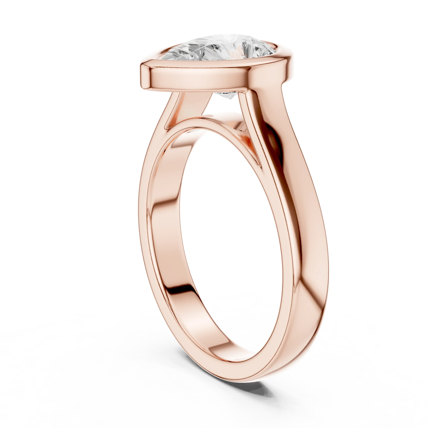 Back view of rose gold pear full bezel solitaire ring with wide flat band and lab-grown diamond – Australia