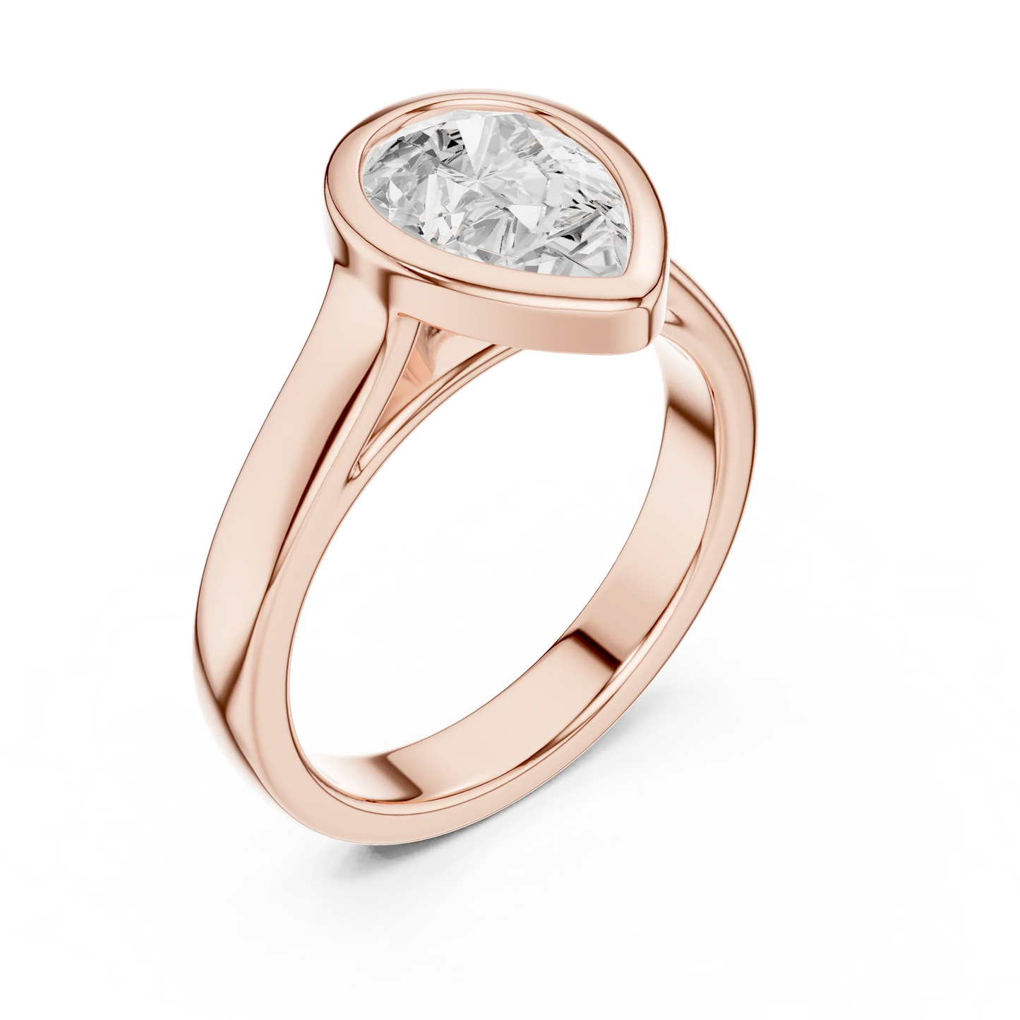 Front view of rose gold pear full bezel solitaire ring with wide flat band and lab-grown diamond – Australia