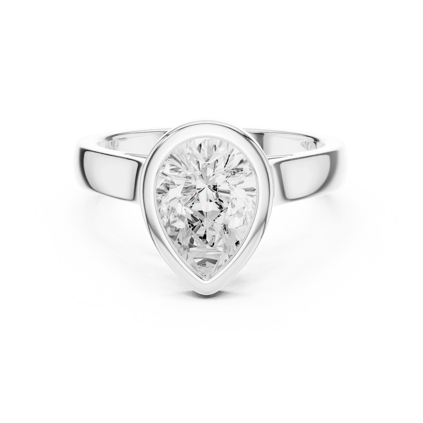 Pear full bezel solitaire ring in white gold with wide flat band and lab-grown diamond – Australia