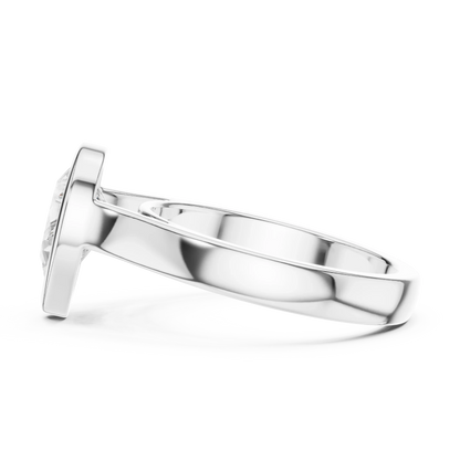 Side view of white gold pear full bezel solitaire ring with wide flat band and lab-grown diamond – Australia
