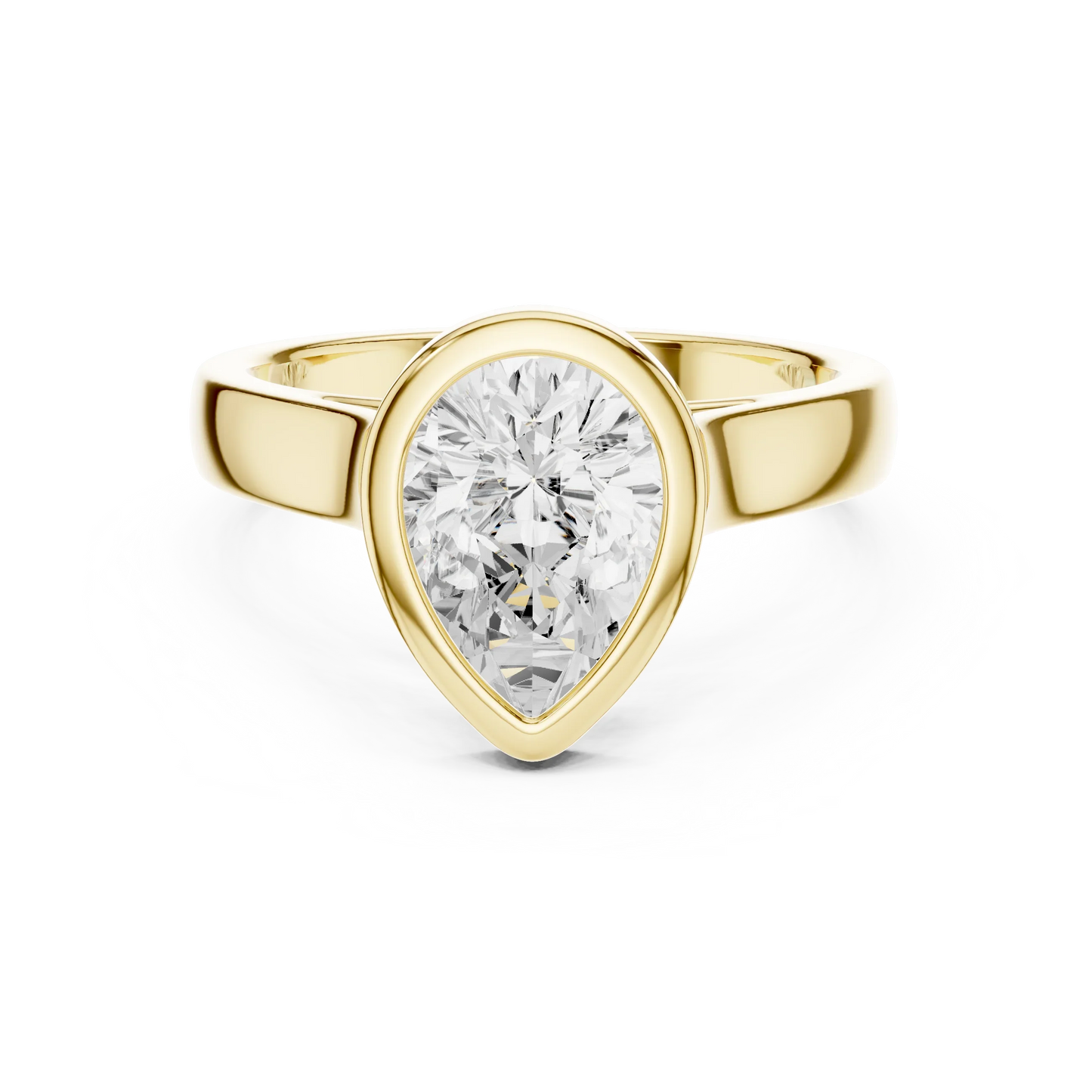 Pear full bezel solitaire ring in yellow gold with wide flat band and lab-grown diamond – Australia