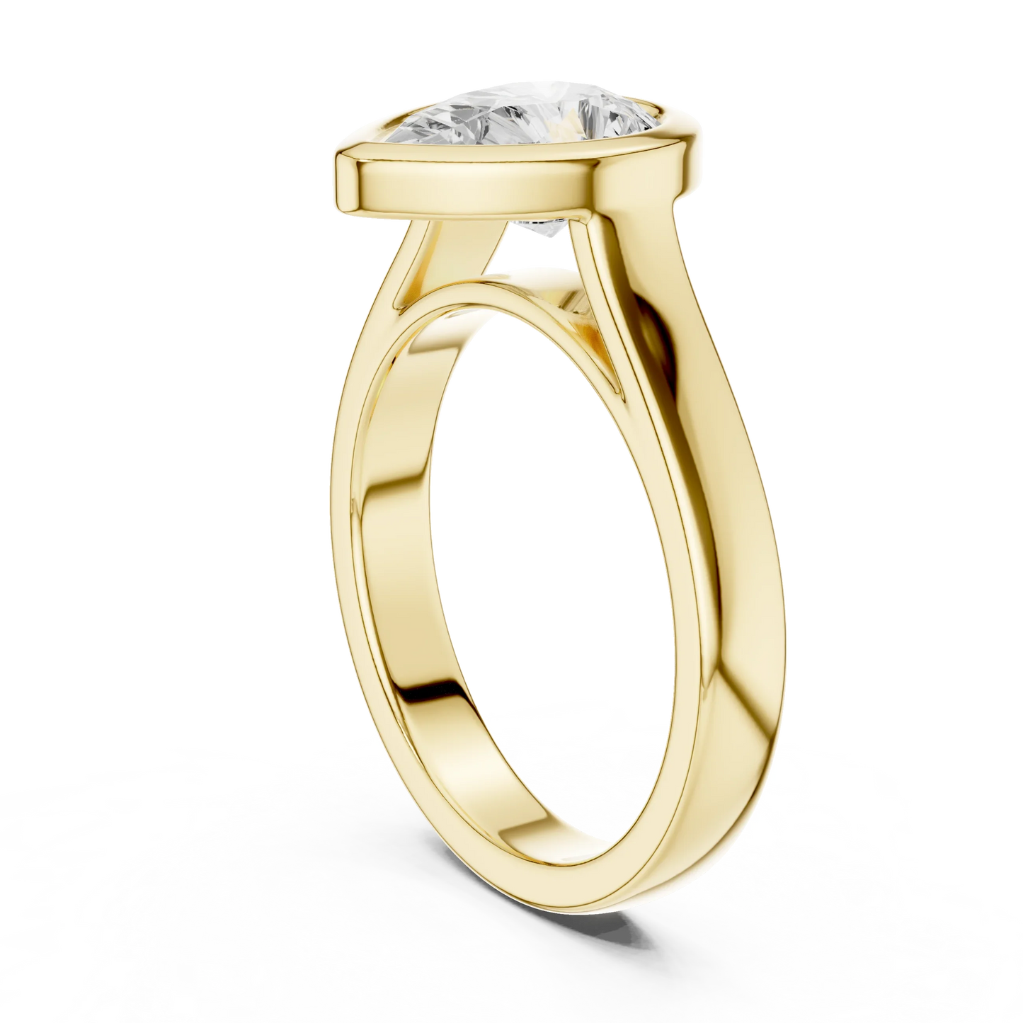 Back view of yellow gold pear full bezel solitaire ring with wide flat band and lab-grown diamond – Australia