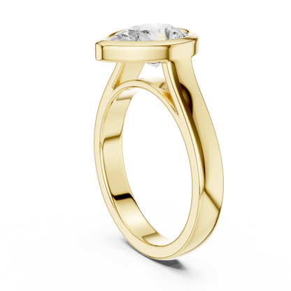 Back view of yellow gold pear full bezel solitaire ring with wide flat band and lab-grown diamond – Australia