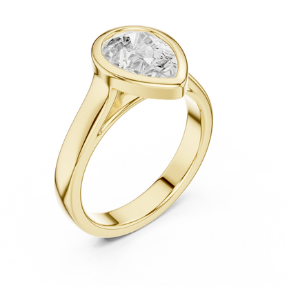 Front view of yellow gold pear full bezel solitaire ring with wide flat band and lab-grown diamond – Australia