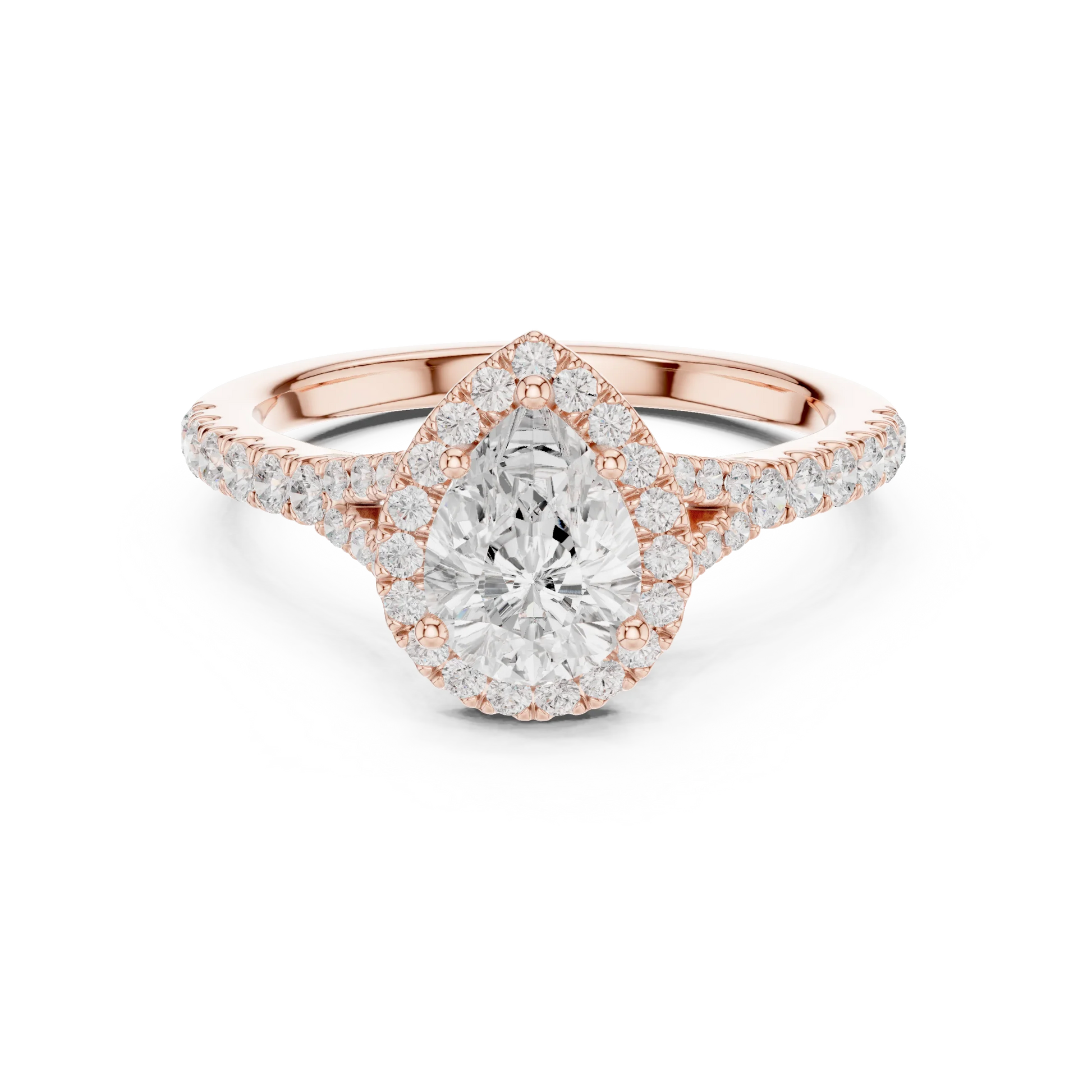 Lab-grown pear halo diamond ring in rose gold with pav茅 split shank band