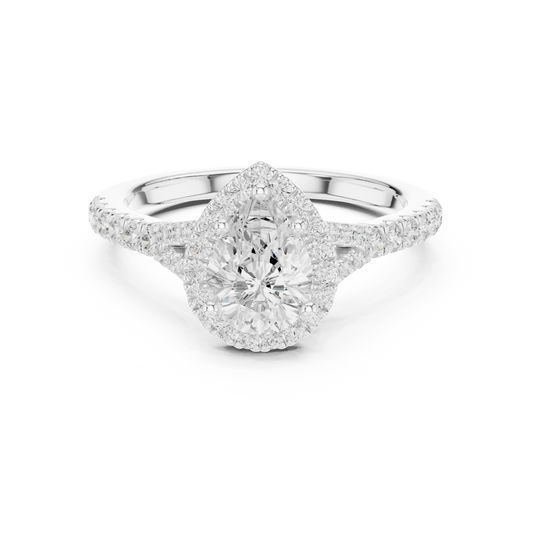 Lab-grown pear halo diamond ring in white gold with pav茅 split shank band