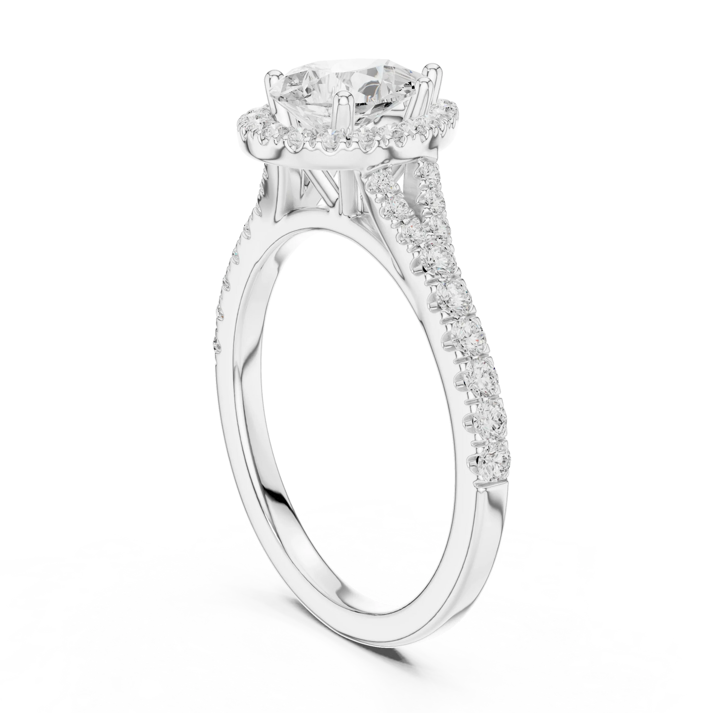Back side view of white gold pear halo ring showing pav茅 split shank band and setting details