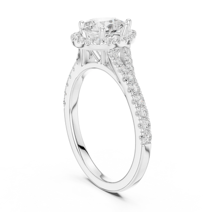 Back side view of white gold pear halo ring showing pav茅 split shank band and setting details