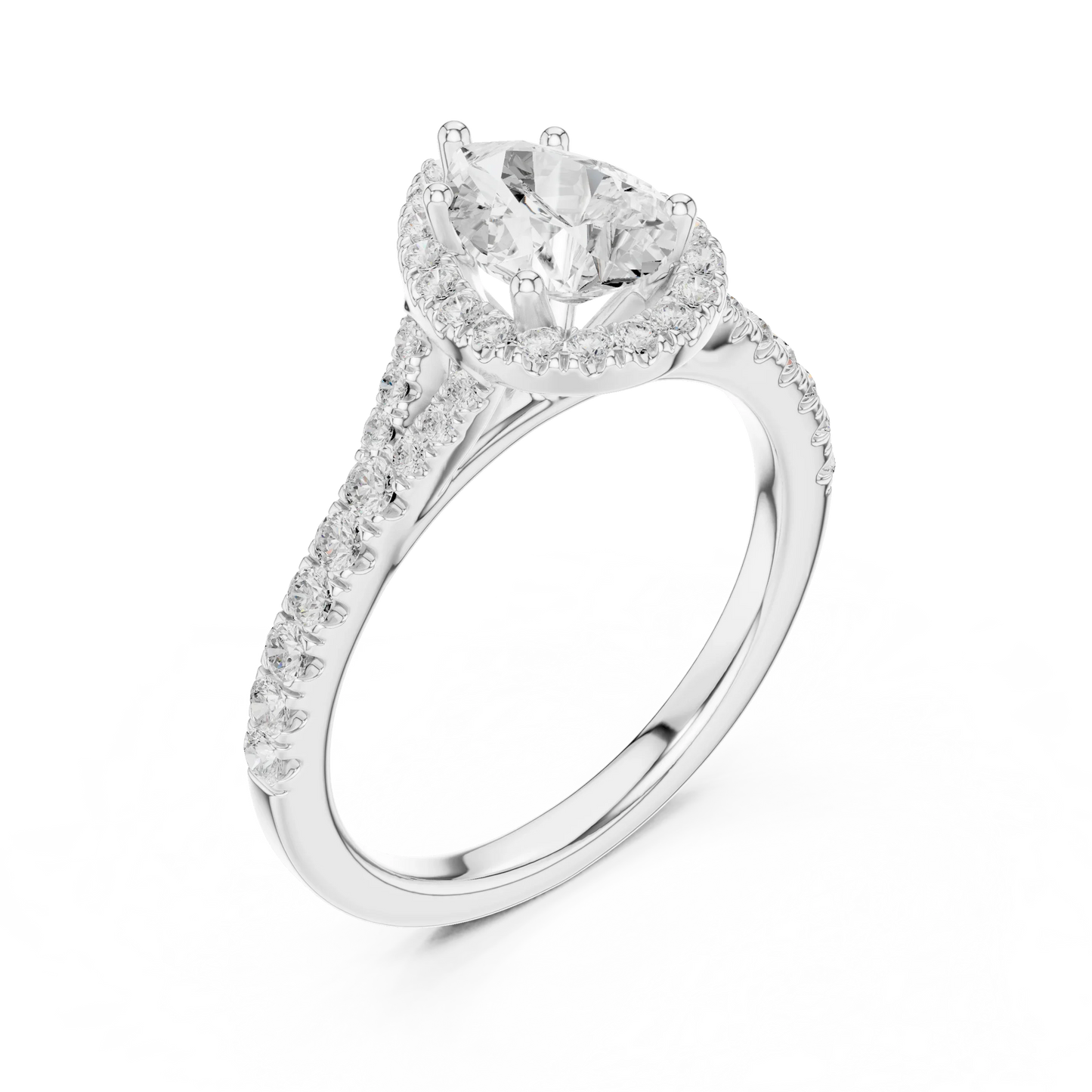 Front view of white gold pear halo ring with pav茅 split shank band and center diamond