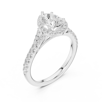 Front view of white gold pear halo ring with pav茅 split shank band and center diamond