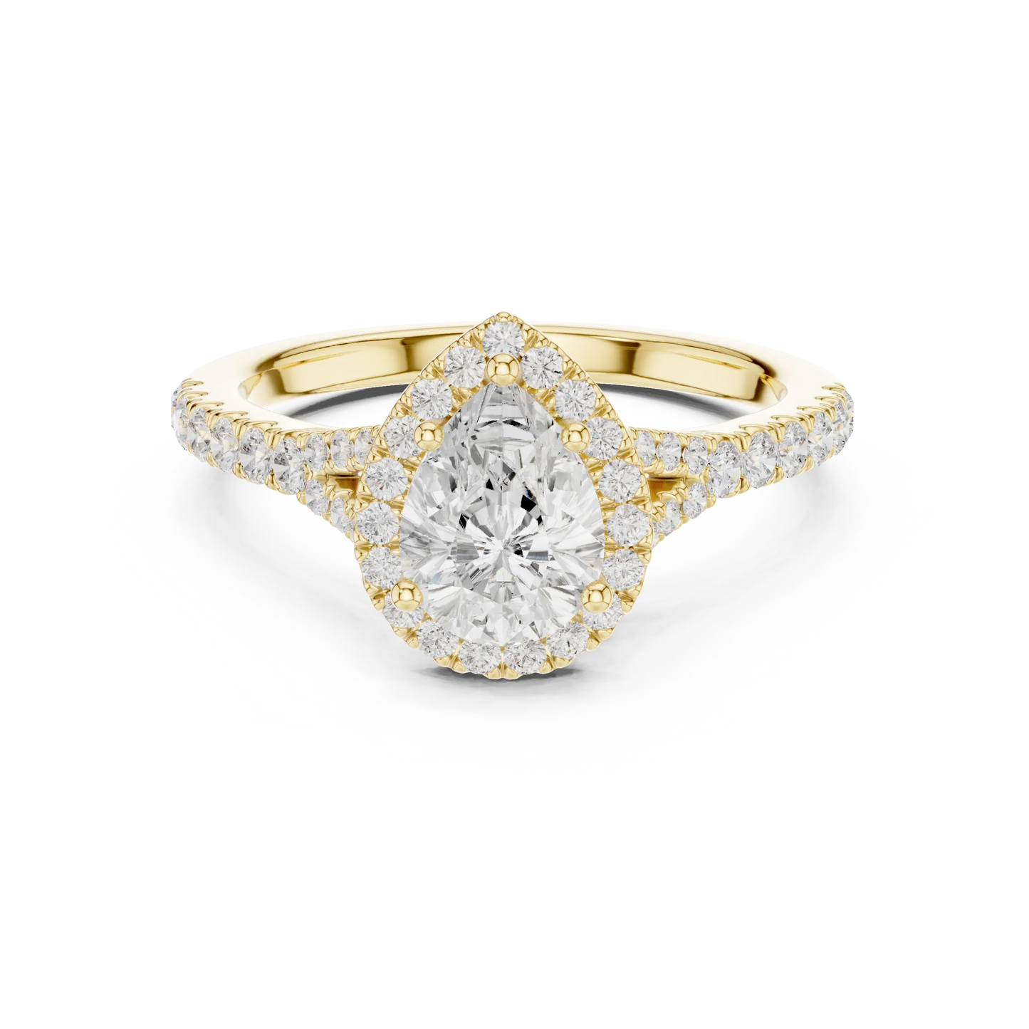 Lab-grown pear halo diamond ring in yellow gold with pav茅 split shank band