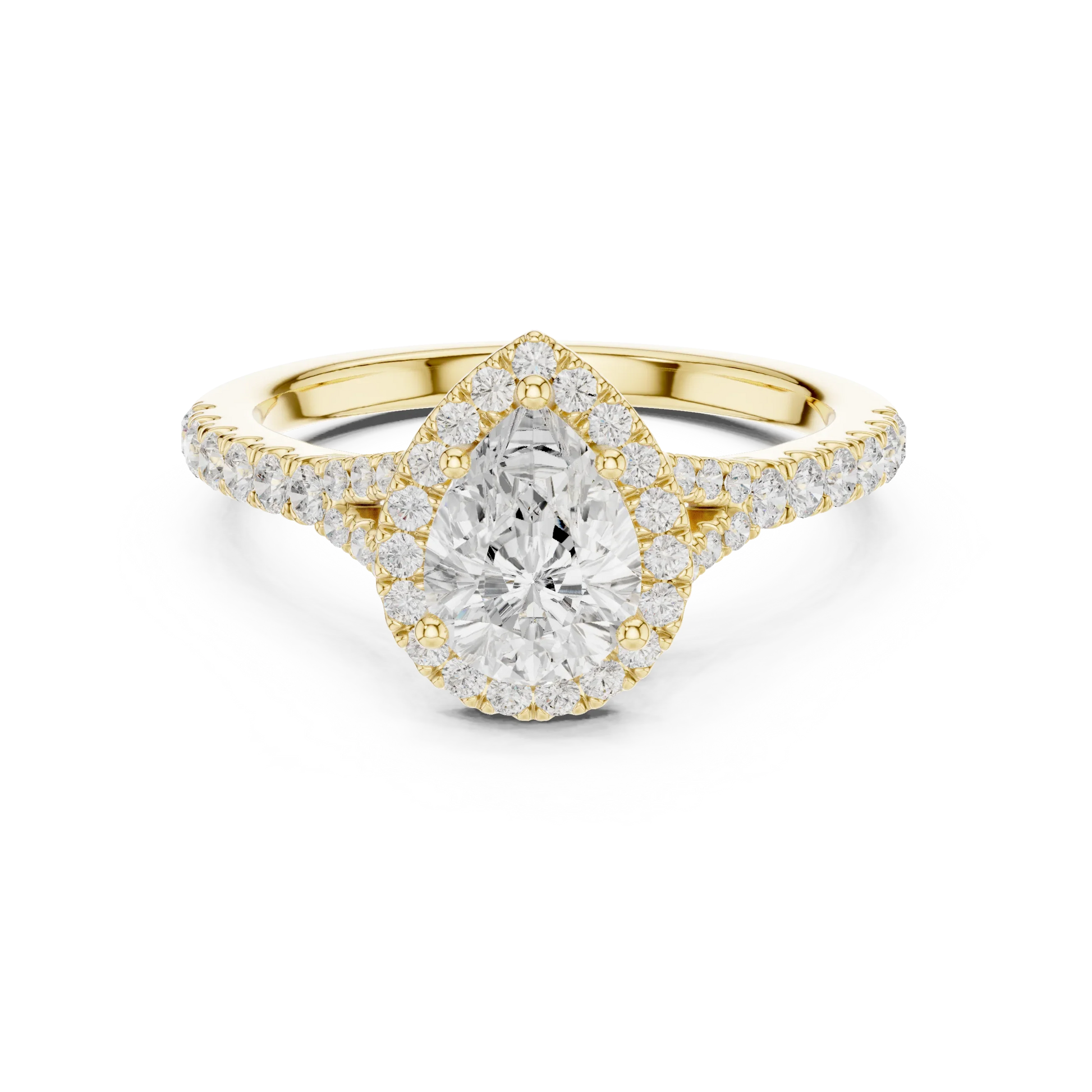 Lab-grown pear halo diamond ring in yellow gold with pav茅 split shank band