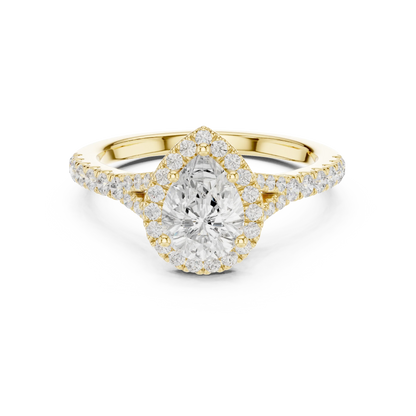 Lab-grown pear halo diamond ring in yellow gold with pav茅 split shank band