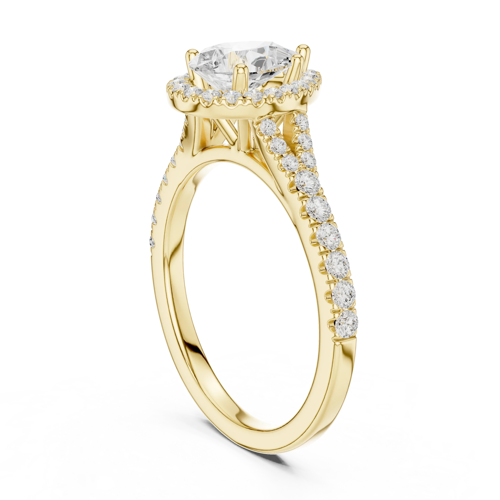 Back side view of yellow gold pear halo ring showing pav茅 split shank band and setting structure