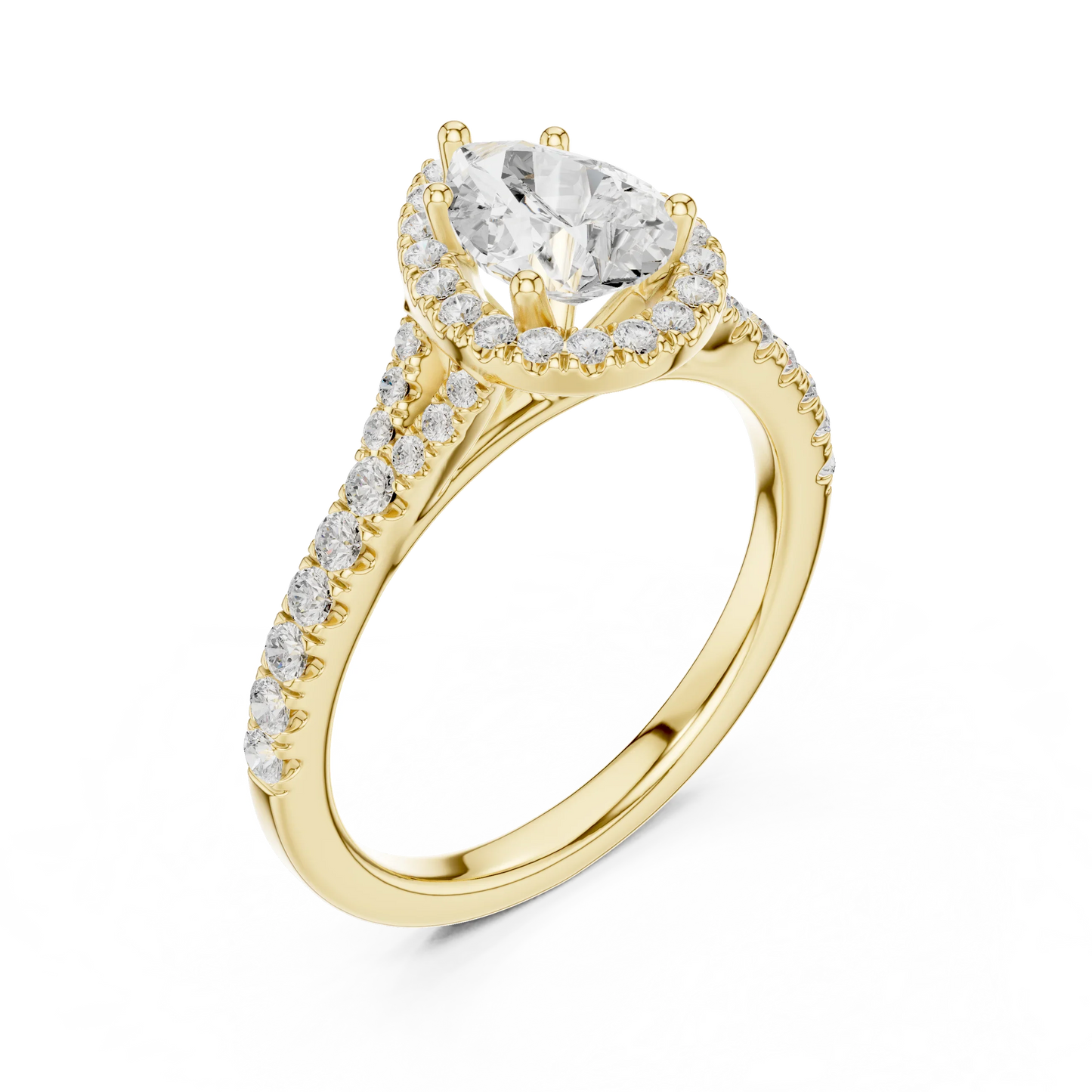Front view of yellow gold pear halo ring with pav茅 split shank band and center diamond