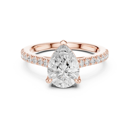 Pear halo engagement ring with pavé diamond band in rose gold, lab grown diamond, Australia DFE