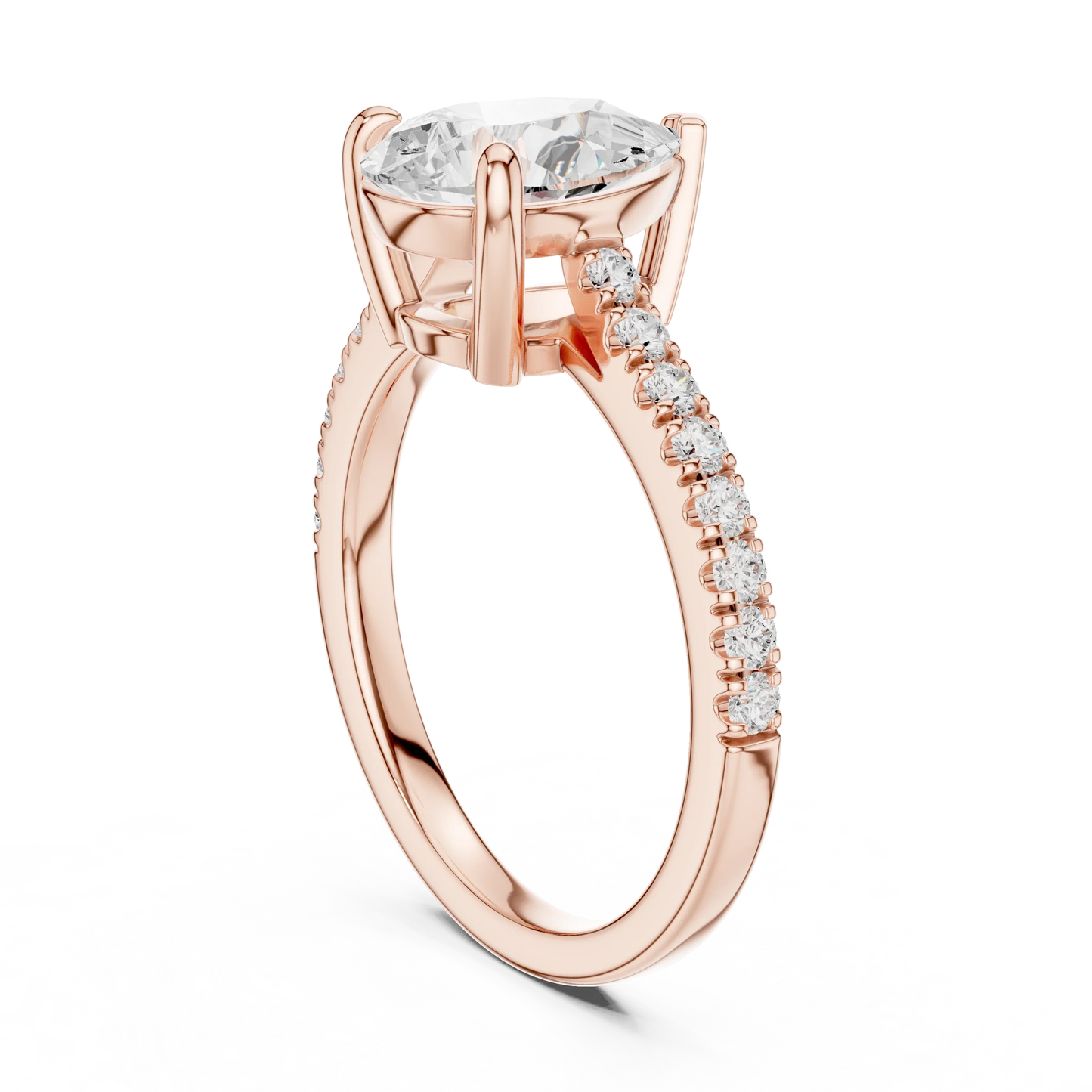 Pear halo engagement ring with pavé diamond band in rose gold, lab grown diamond, back view, Australia DFE