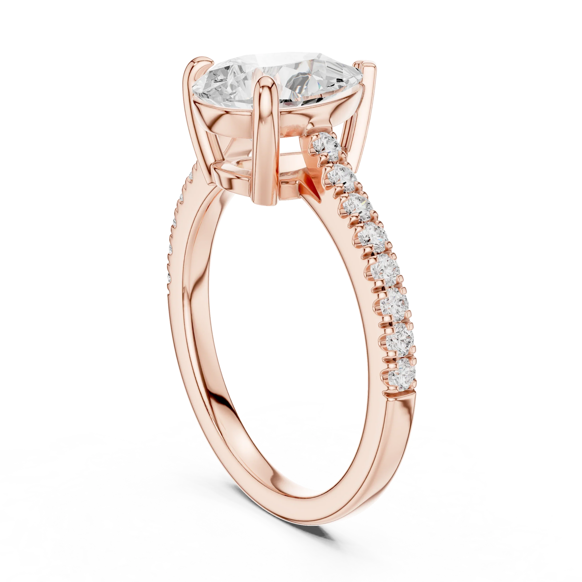 Pear halo engagement ring with pavé diamond band in rose gold, lab grown diamond, back view, Australia DFE