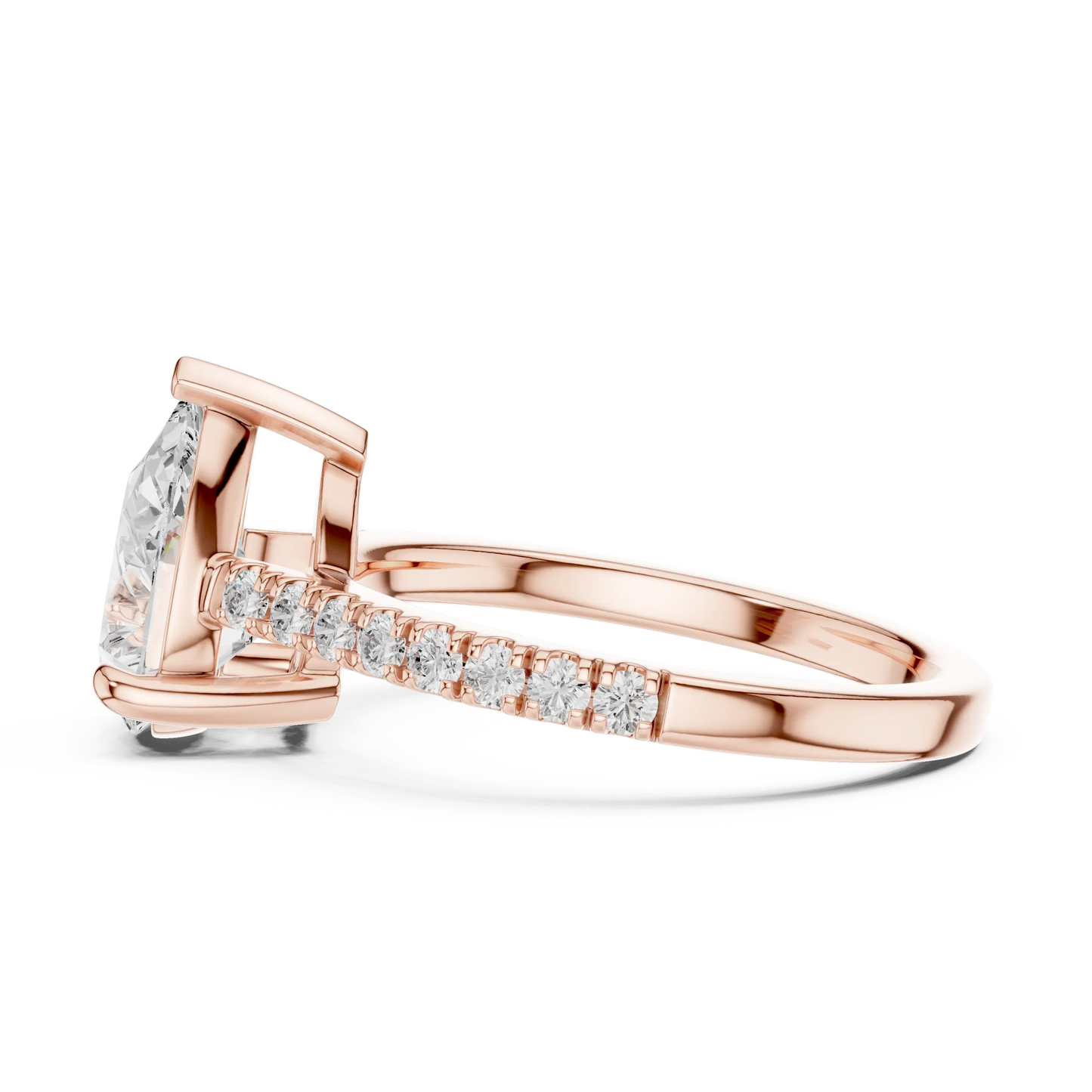 Pear halo engagement ring with pavé diamond band in rose gold, lab grown diamond, side view, Australia DFE
