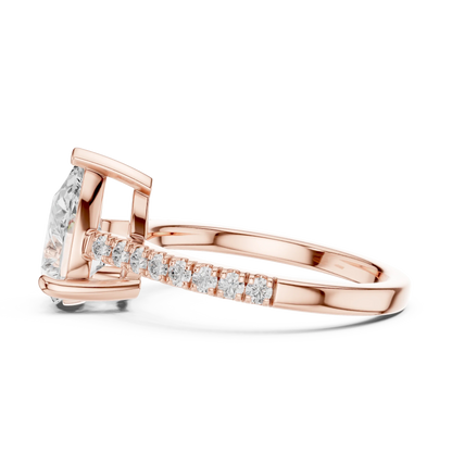 Pear halo engagement ring with pavé diamond band in rose gold, lab grown diamond, side view, Australia DFE