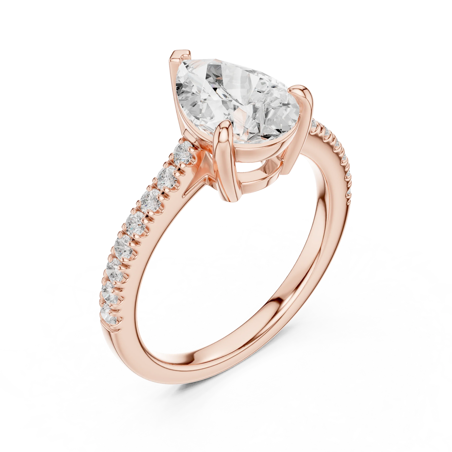 Pear halo engagement ring with pavé diamond band in rose gold, lab-grown diamond, top front view, Australia DFE