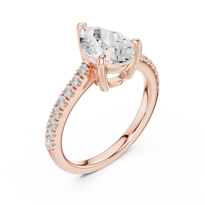 Pear halo engagement ring with pavé diamond band in rose gold, lab-grown diamond, top front view, Australia DFE