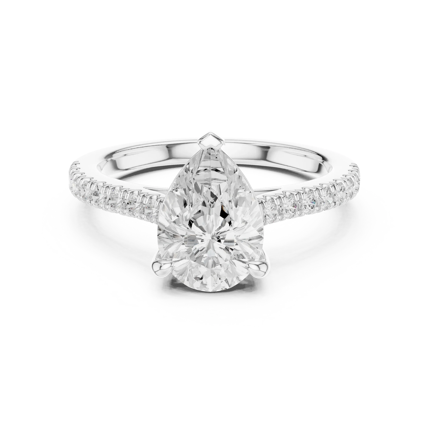 Pear halo engagement ring with pavé diamond band in white gold, lab grown diamond, Australia DFE