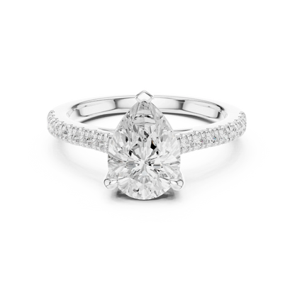 Pear halo engagement ring with pavé diamond band in white gold, lab grown diamond, Australia DFE