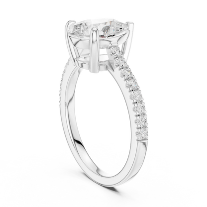 Pear halo engagement ring with pavé diamond band in white gold, lab grown diamond, back view, Australia DFE