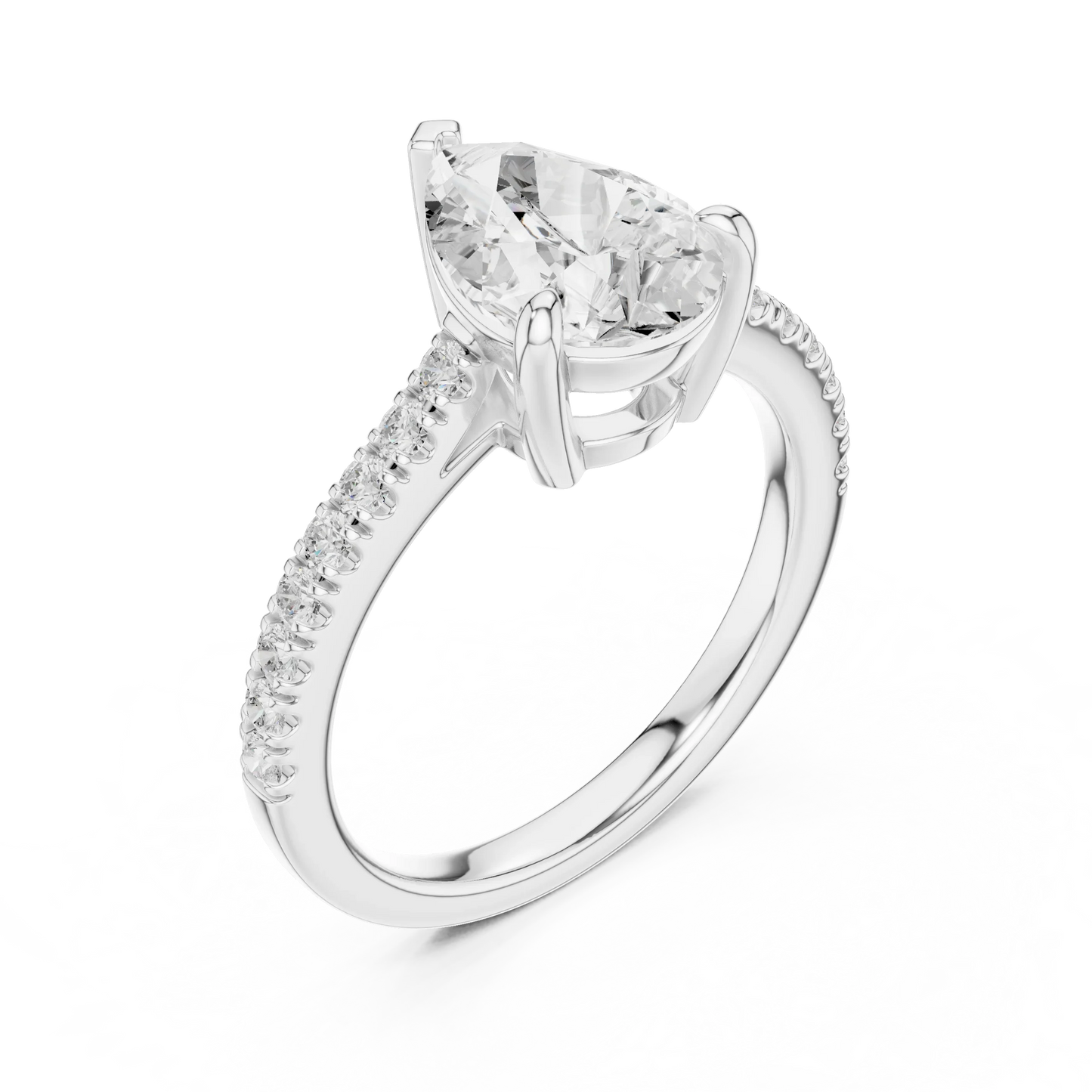 Pear halo engagement ring with pavé diamond band in white gold, lab grown diamond, front view, Australia DFE