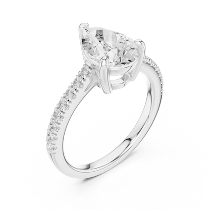 Pear halo engagement ring with pavé diamond band in white gold, lab grown diamond, front view, Australia DFE