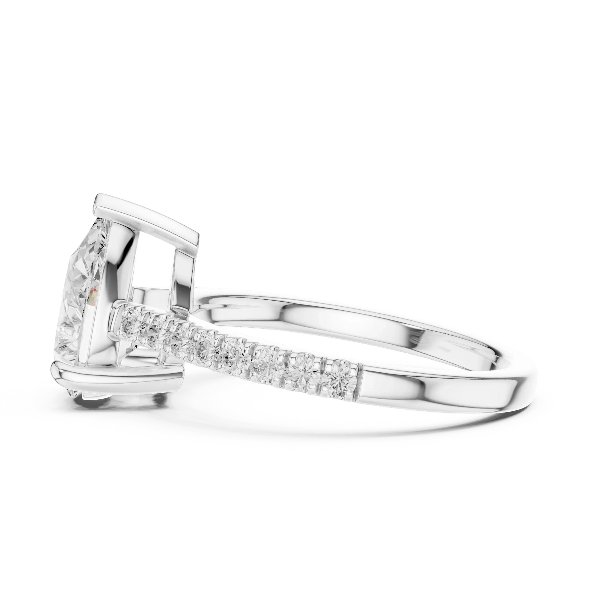 Pear halo engagement ring with pavé diamond band in white gold, lab grown diamond, side view, Australia DFE