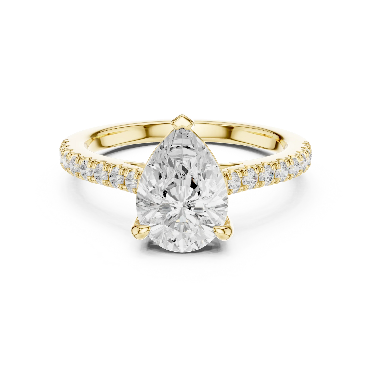 Pear halo engagement ring with pavé diamond band in yellow gold, lab grown diamond, Australia DFE