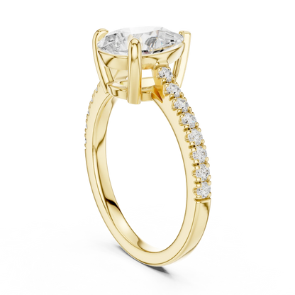 Pear halo engagement ring with pavé diamond band in yellow gold, lab grown diamond, back view, Australia DFE