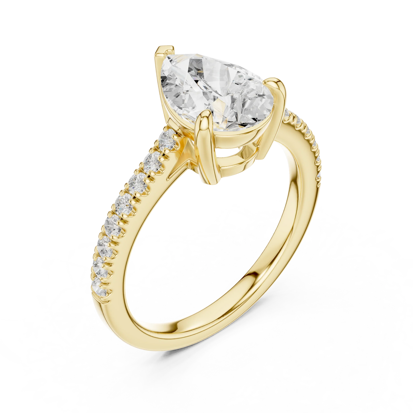 Pear halo engagement ring with pavé diamond band in yellow gold, lab grown diamond, front view, Australia DFE