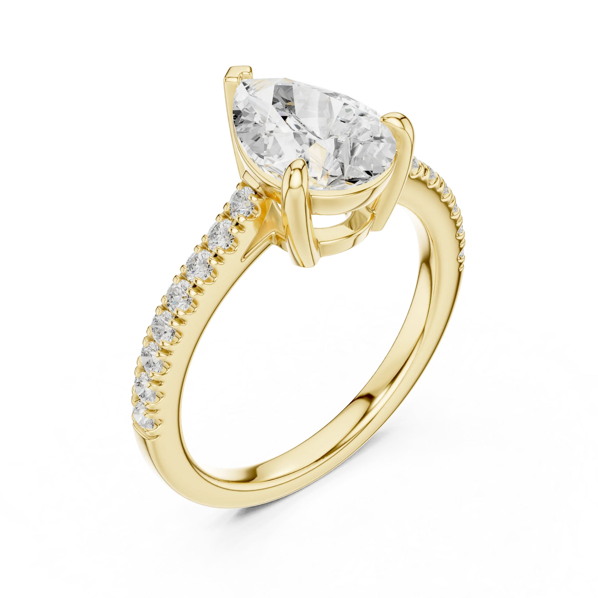 Pear halo engagement ring with pavé diamond band in yellow gold, lab grown diamond, front view, Australia DFE