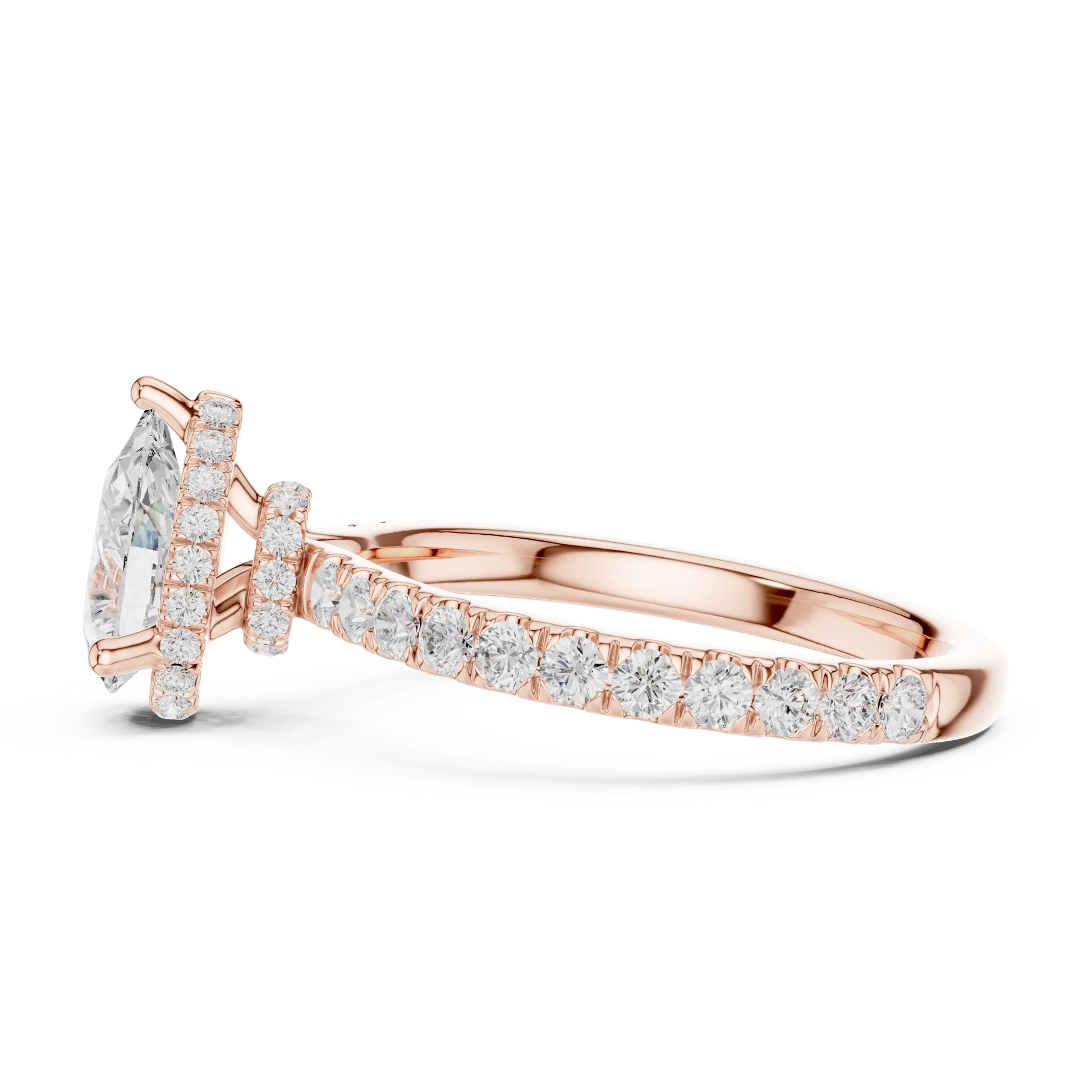 Side view of rose gold pear hidden halo ring with pave diamond band and lab-grown diamond 鈥?Australia