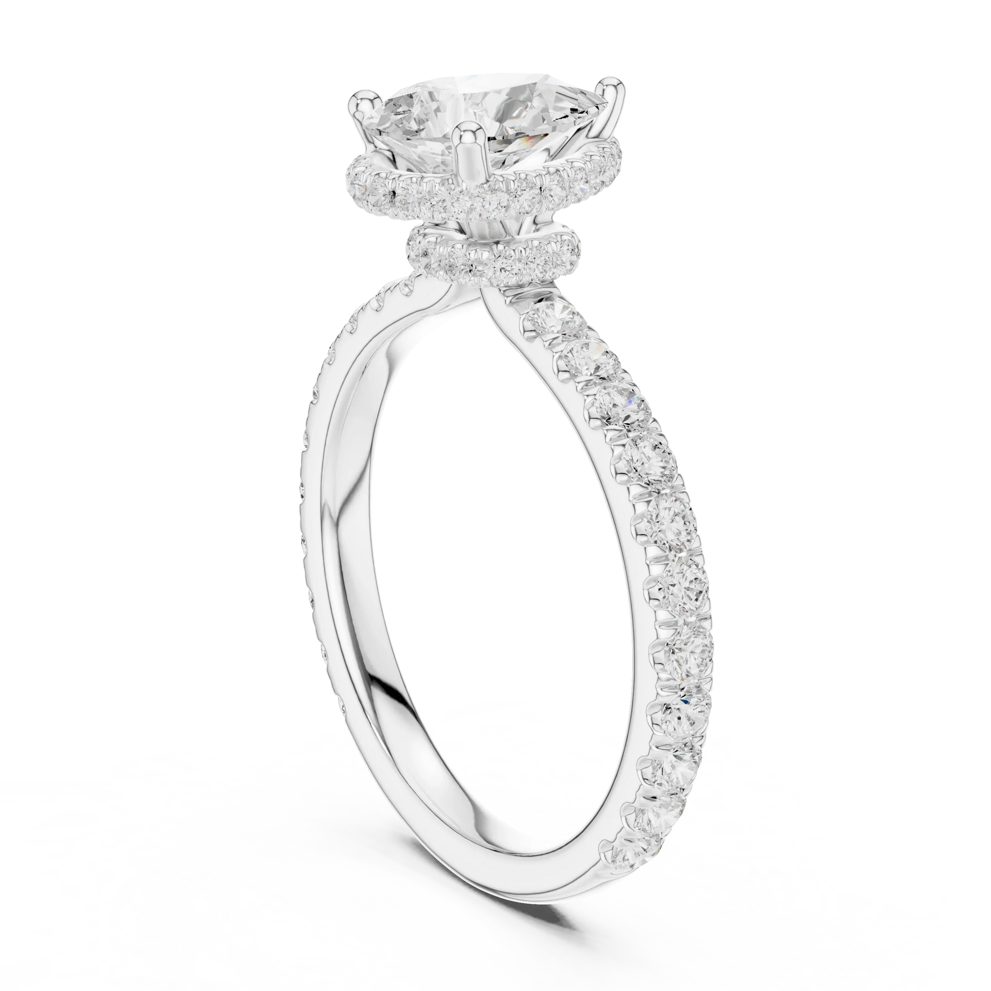 Back view of white gold pear hidden halo ring with pave diamond band and lab-grown diamond 鈥?Australia