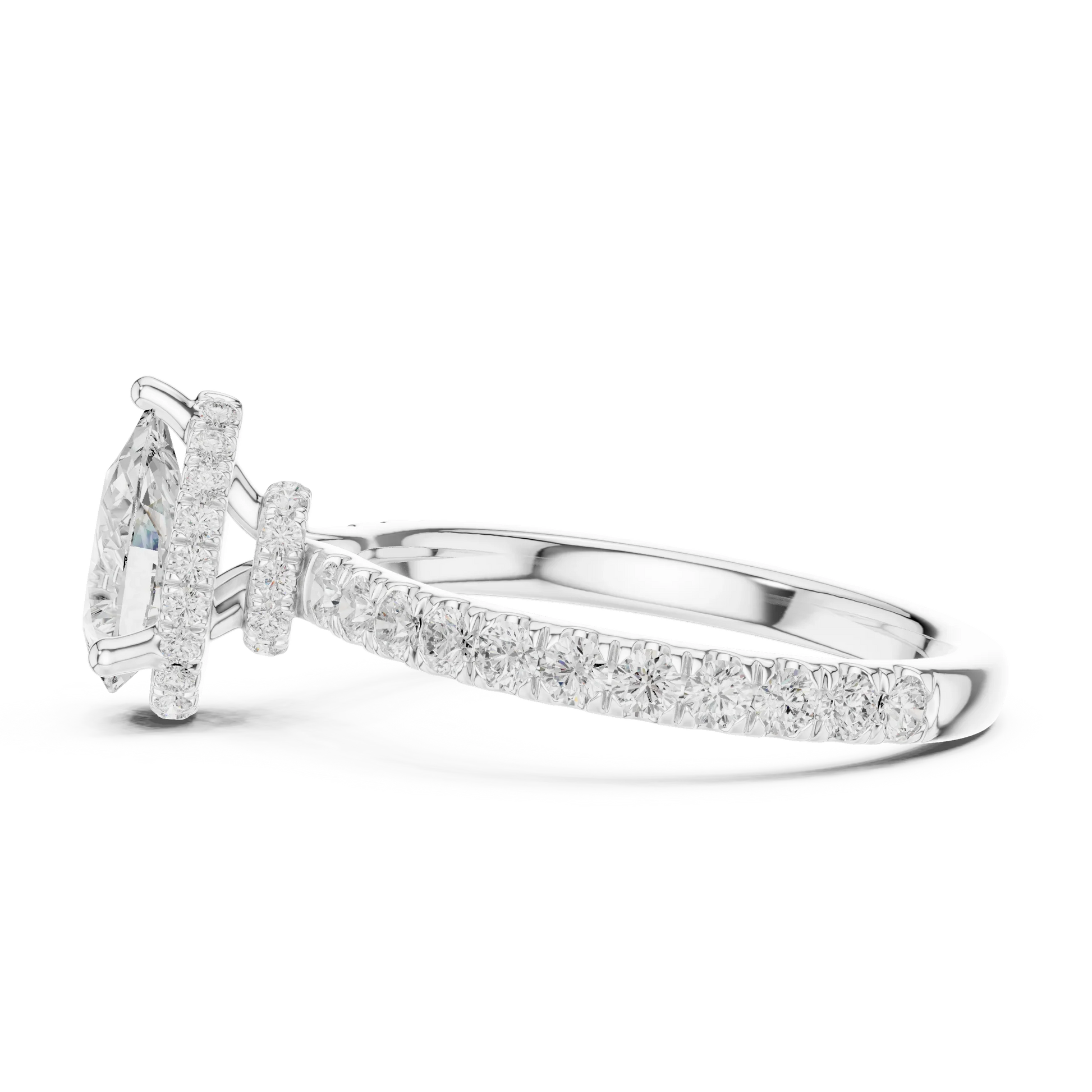 Side view of white gold pear hidden halo ring with pave diamond band and lab-grown diamond 鈥?Australia