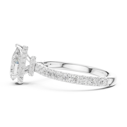 Side view of white gold pear hidden halo ring with pave diamond band and lab-grown diamond 鈥?Australia