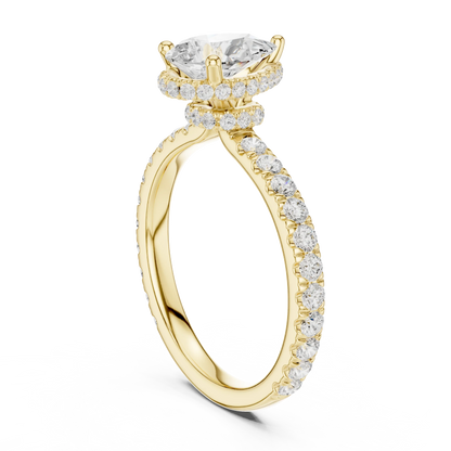 Back view of yellow gold pear hidden halo ring with pave diamond band and lab-grown diamond 鈥?Australia