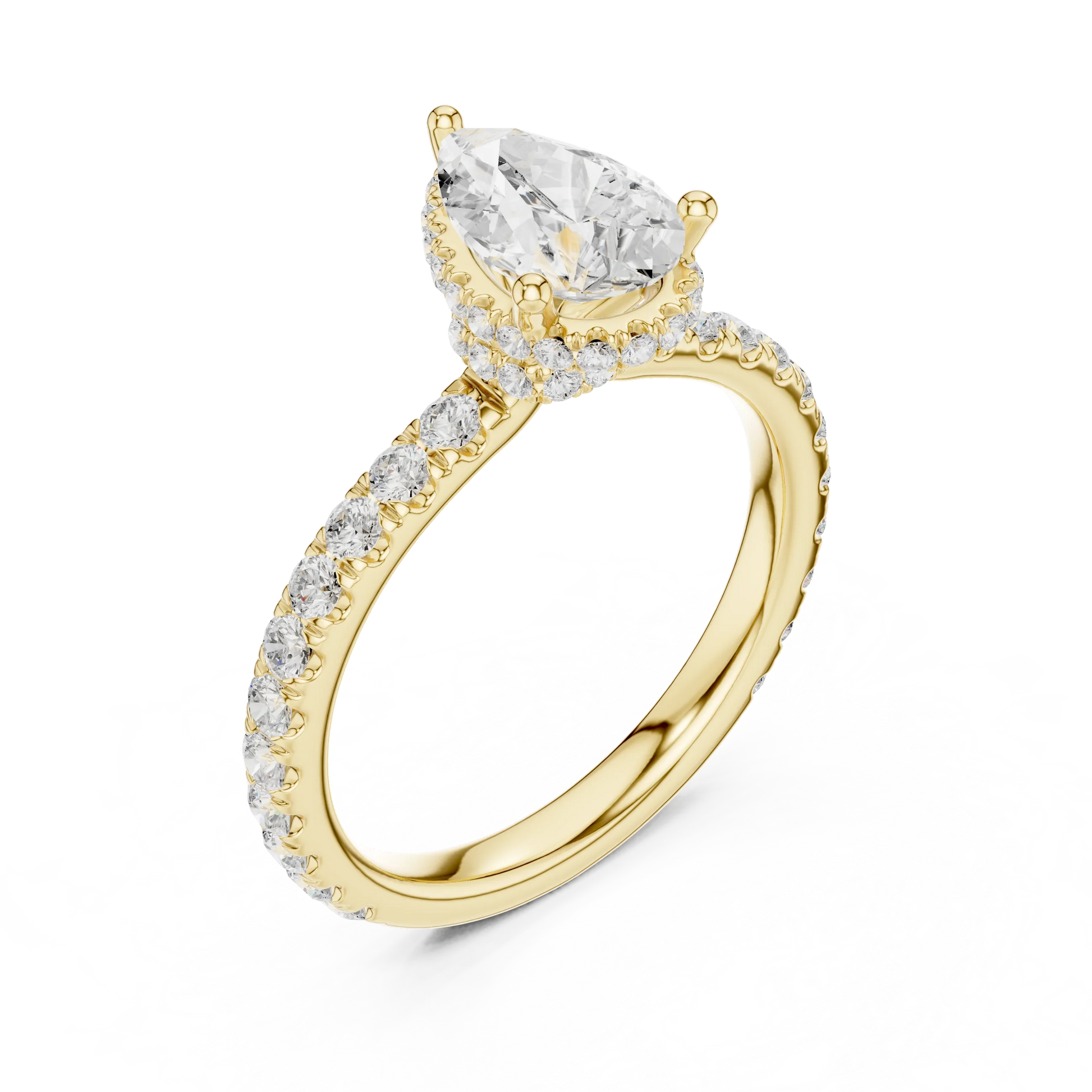 Front view of yellow gold pear hidden halo ring with pave diamond band and lab-grown diamond 鈥?Australia